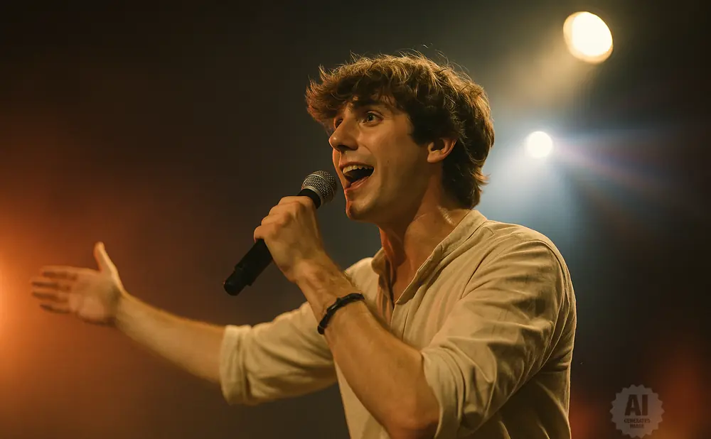 A young man sings into a microphone on stage with stage lights behind him.