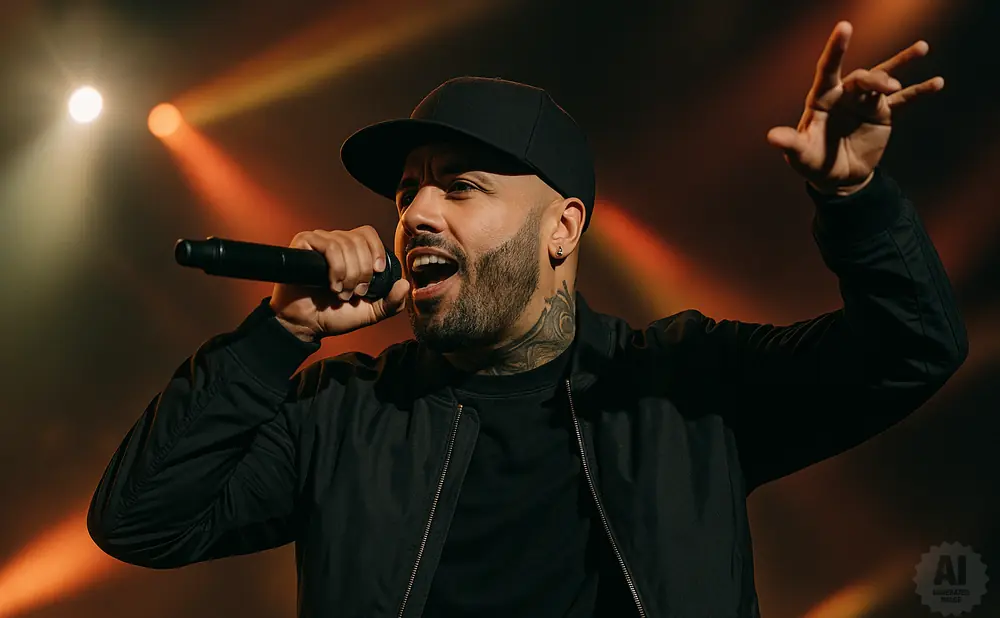 A tattooed man in a black baseball cap and jacket sings into a microphone on stage, illuminated by orange spotlights.