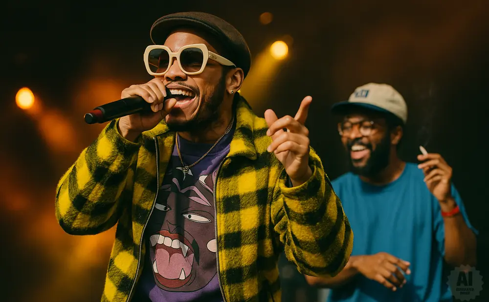 Rapper Anderson .Paak performs onstage in a yellow plaid jacket and sunglasses.