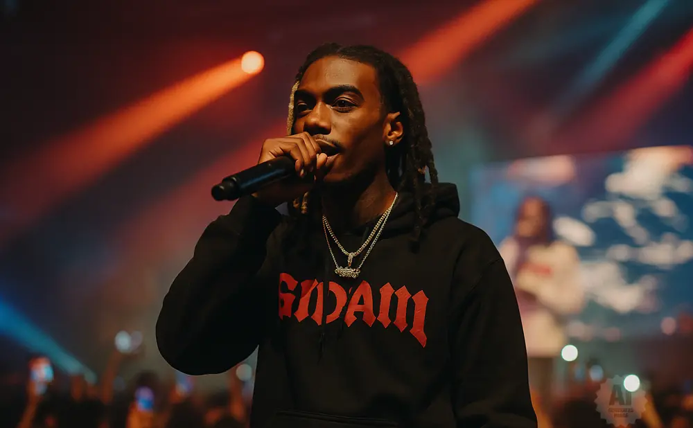 Rapper performing on stage, holding a microphone, wearing a black hoodie with red text.