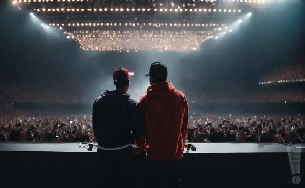 a rear view photo of paris texas performing a concert on stage to a lively audience