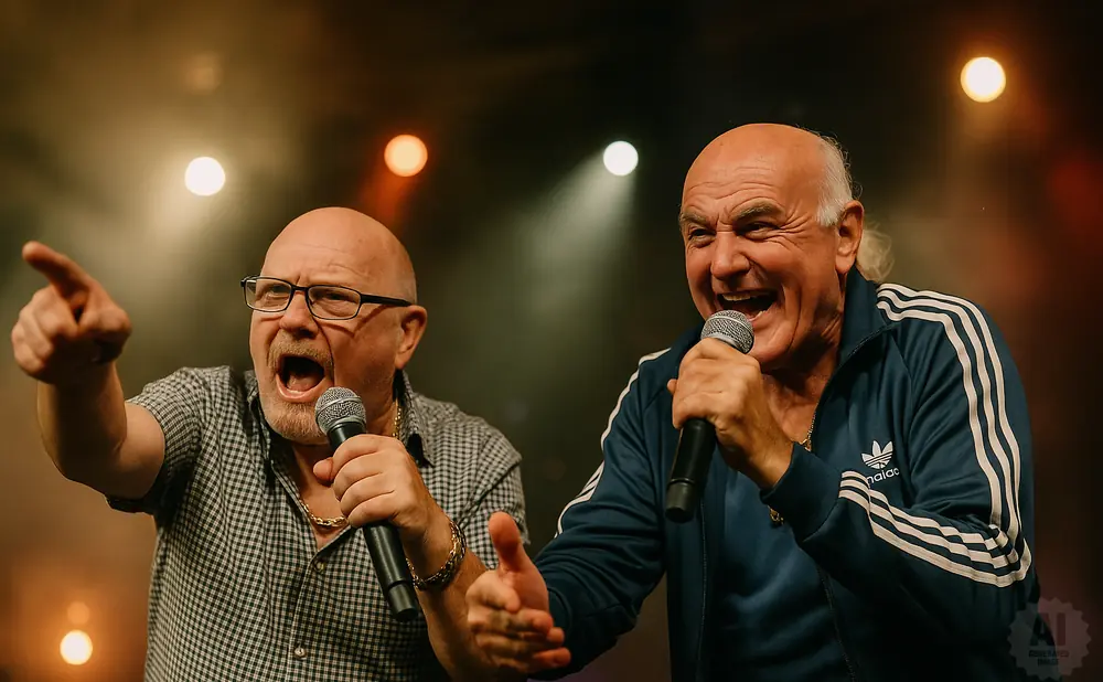Two bald men singing into microphones on stage, one pointing.