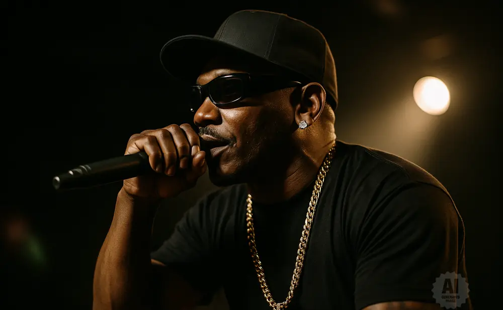 A man in a black t-shirt, baseball cap, and sunglasses raps into a microphone, adorned with a gold chain and earrings.
