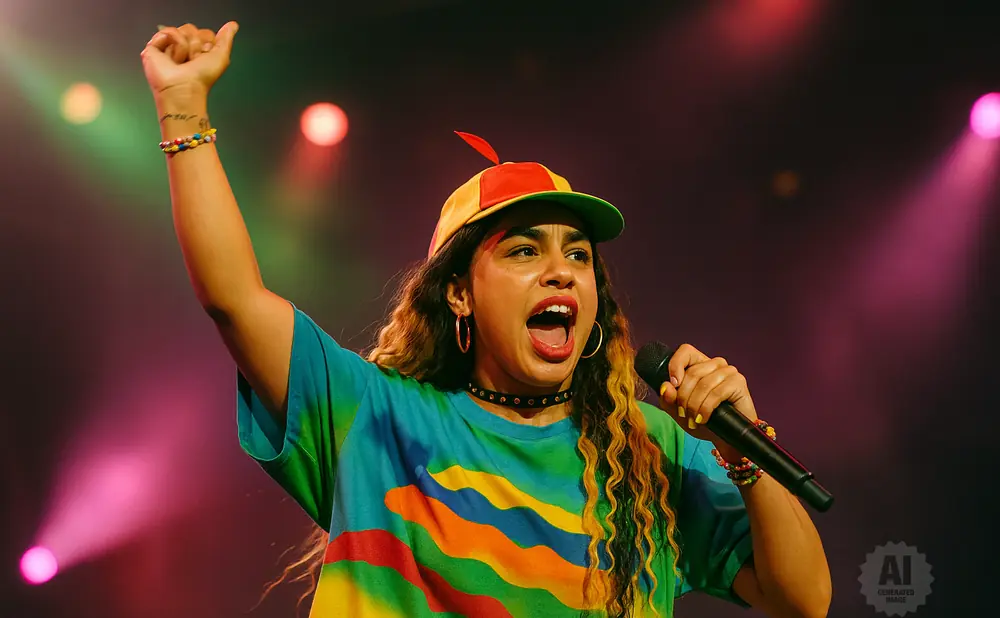 A woman with curly hair wears a colorful shirt and cap, singing into a microphone with her fist raised.