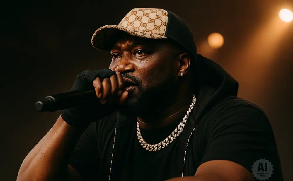 A Black man wearing a Gucci hat and a diamond chain sings into a microphone.