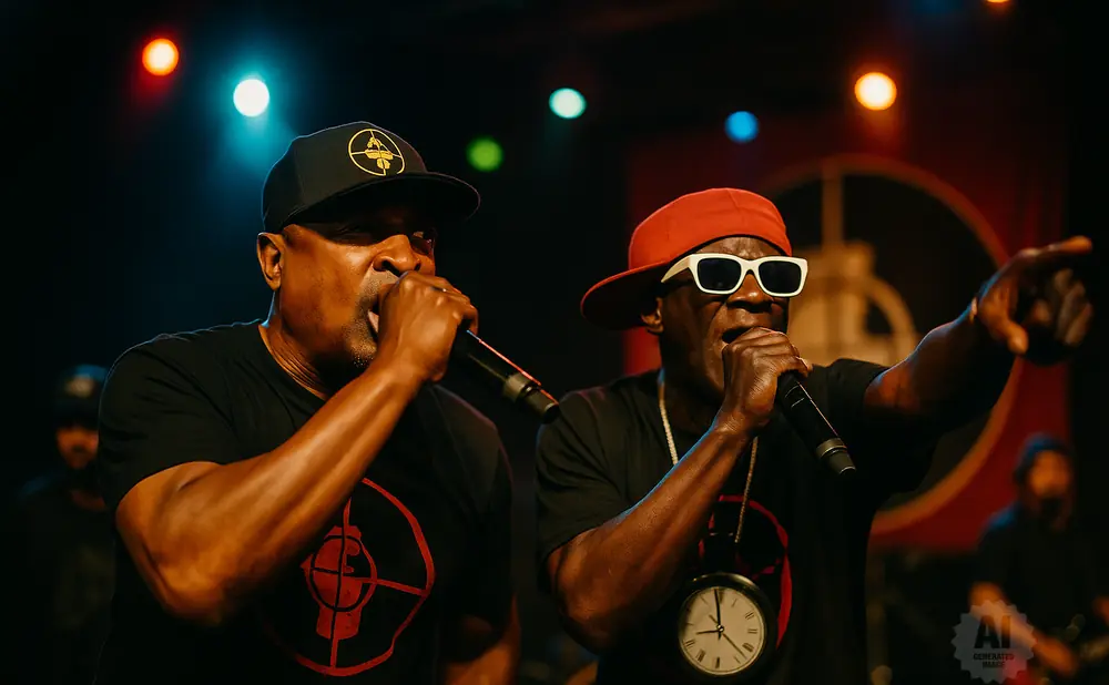 Two men in black t-shirts rap into microphones on a dimly lit stage.