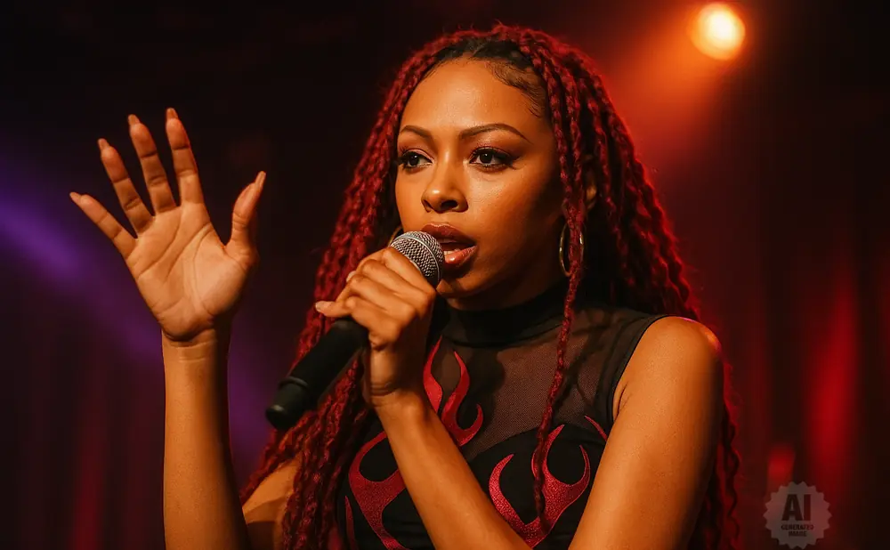 A singer with red dreadlocks holds a microphone and raises her hand on a dimly lit stage.