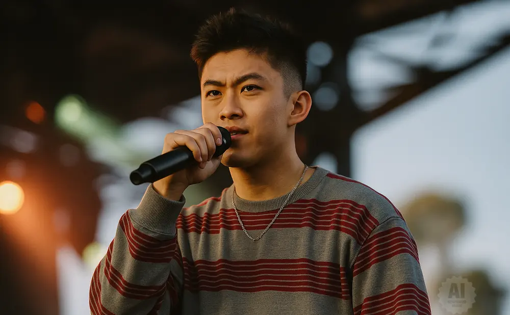A young Asian man in a striped sweater holds a microphone and sings on stage.