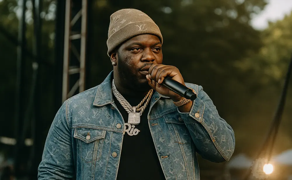 Rapper performing on stage wearing a denim jacket and a beanie, holding a microphone.