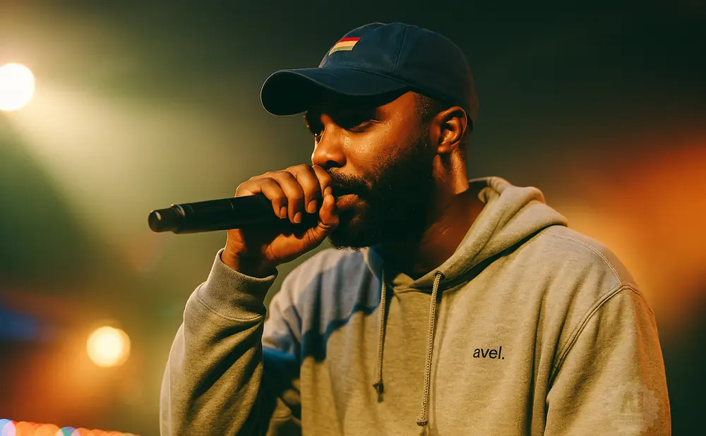 A man wearing a grey hoodie and a blue baseball cap with a flag on it, holding a microphone to his mouth while performing on stage.