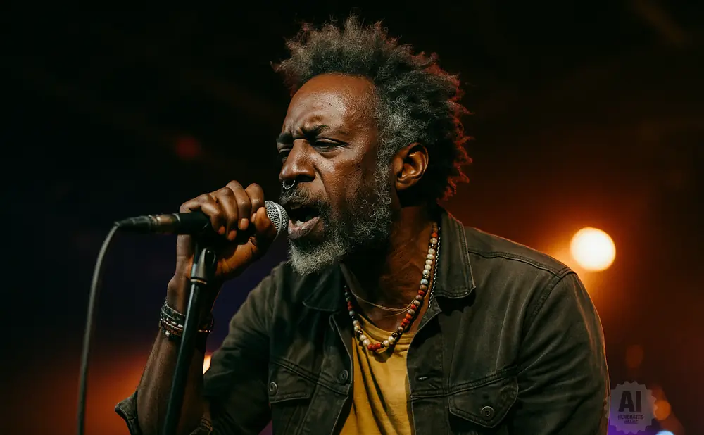 A Black man with grey, spiky hair sings into a microphone, wearing a denim jacket and a beaded necklace.