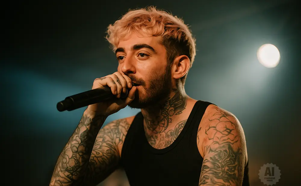A man with pink hair and tattoos sings into a microphone on stage.