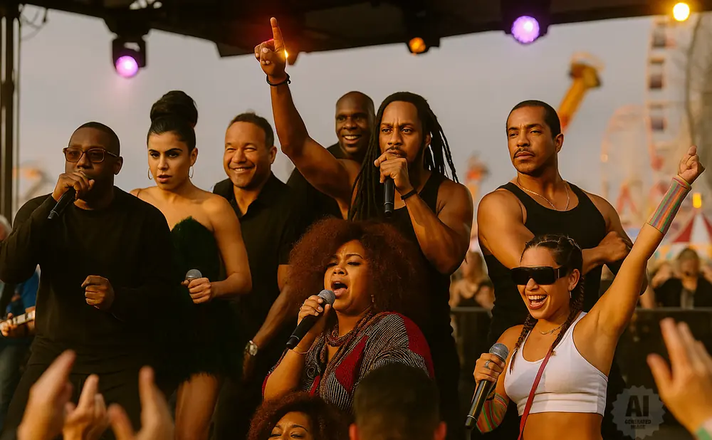 A diverse group of singers performing on stage at an outdoor festival with a Ferris wheel in the background.