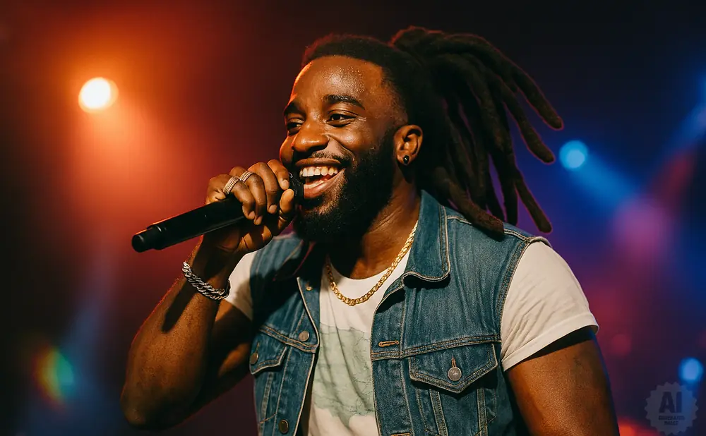 Rapper with dreadlocks smiles while holding a microphone and wearing a denim vest and gold chain.