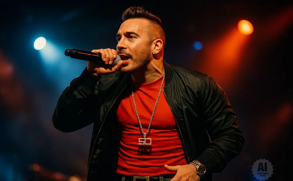 Rapper with mohawk and red shirt wearing a silver chain and jacket, singing into a microphone on stage.