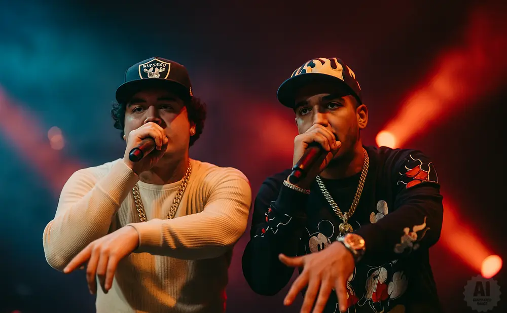 Two rappers perform on stage, holding microphones and wearing baseball caps and gold chains.