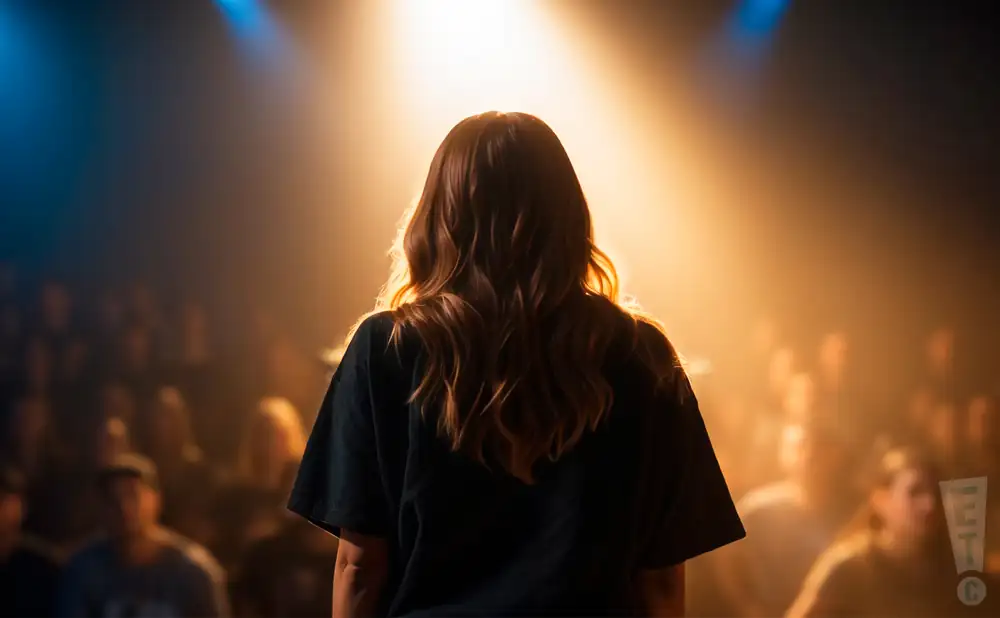 a photograph depicting the view from behind female rapper skydxddy performing on stage in front of a large audience