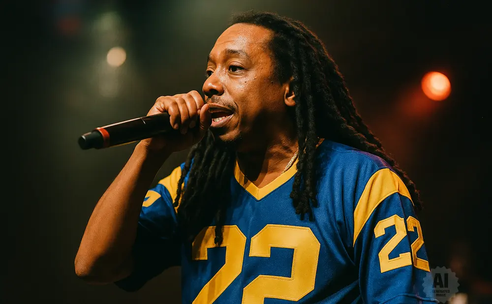 Rapper speaks into a microphone while wearing a blue and yellow jersey with the number 22.