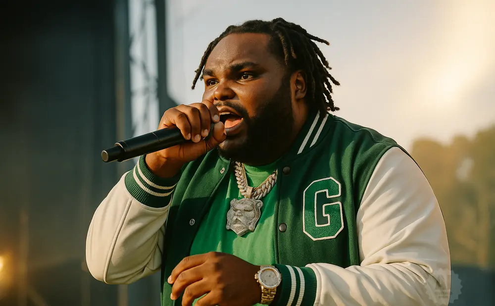 Rapper Tee Grizzley performs wearing a green and white varsity jacket and a large bulldog pendant.