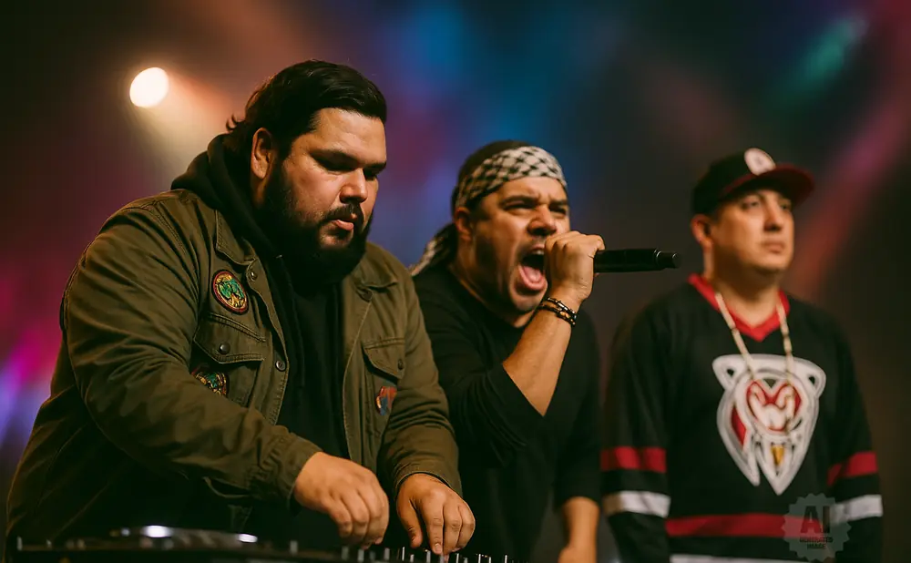 Three men perform on stage, one DJing and two singing into microphones, with colorful stage lights in the background.