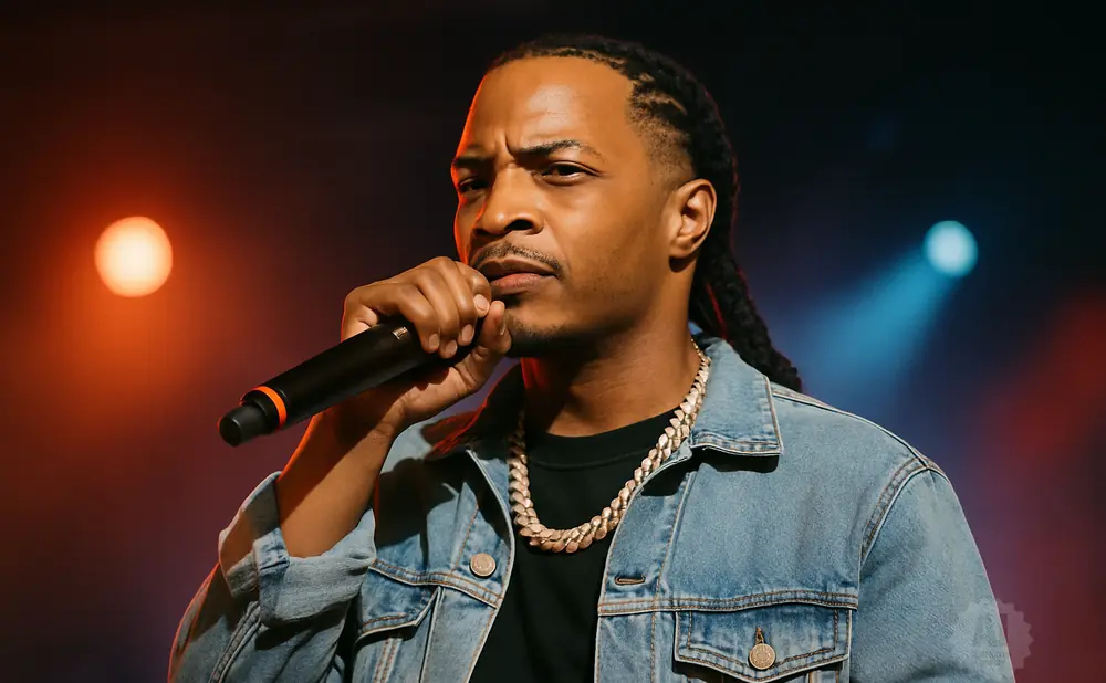 Rapper T.I. performs on stage wearing a denim jacket and gold chain, holding a microphone.