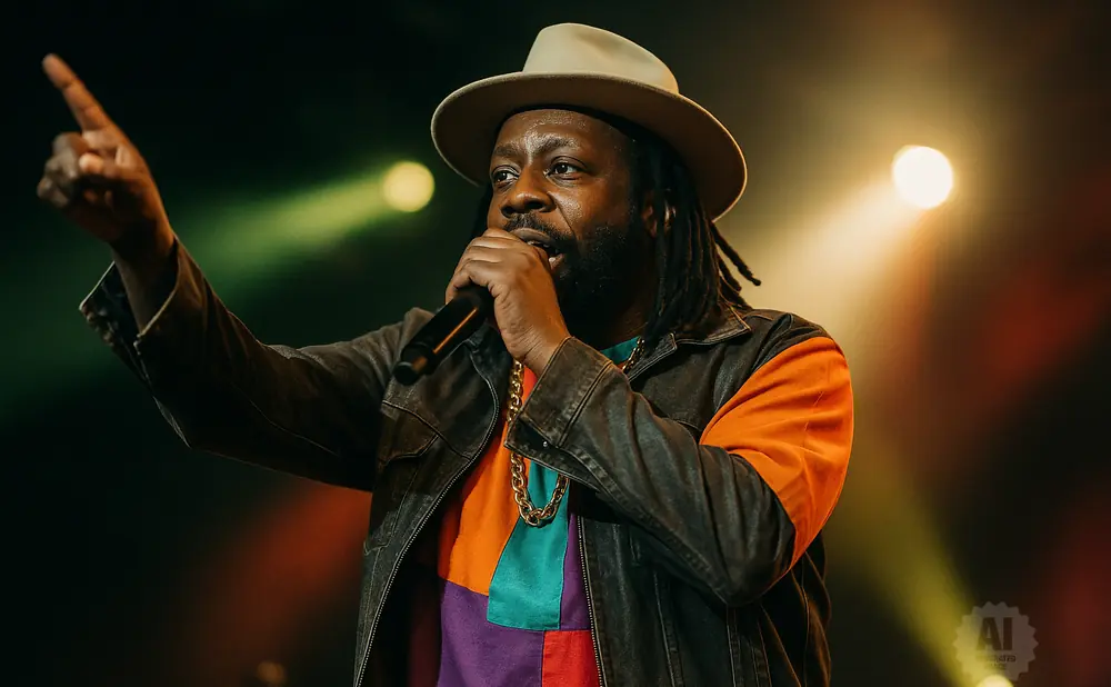 A Black man in a hat and jacket sings into a microphone, pointing his finger upwards.
