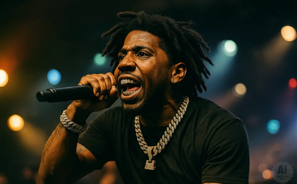 Rapper Ice Spice performs on stage with gold grills and jewelry.