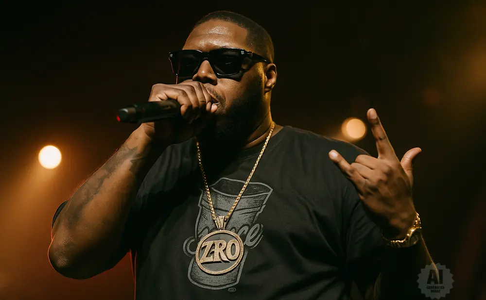 Rapper performing on stage, wearing a black t-shirt with a large 