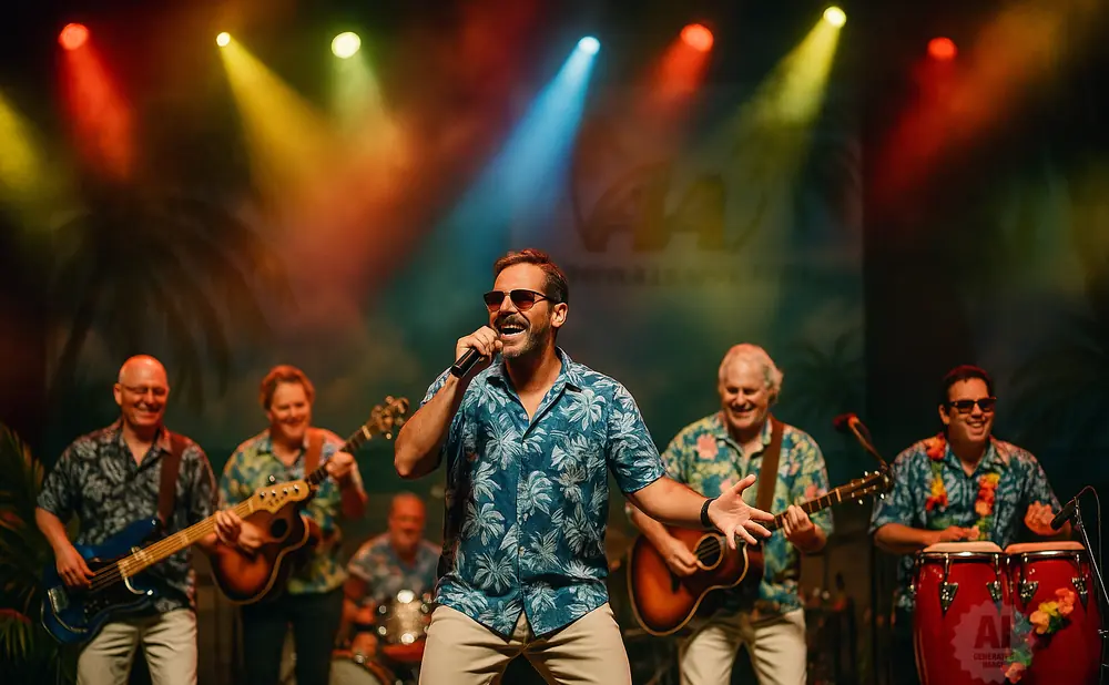 A band performs on stage, with a lead singer in a blue floral shirt holding a microphone and other band members playing instruments.