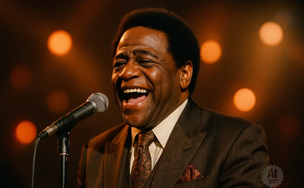 A Black man in a brown suit laughs while singing into a microphone, with warm, blurred lights in the background.