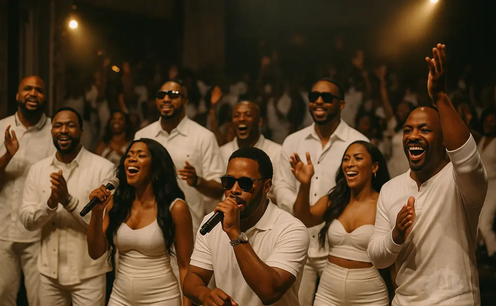 A group of Black people in white outfits singing and smiling.