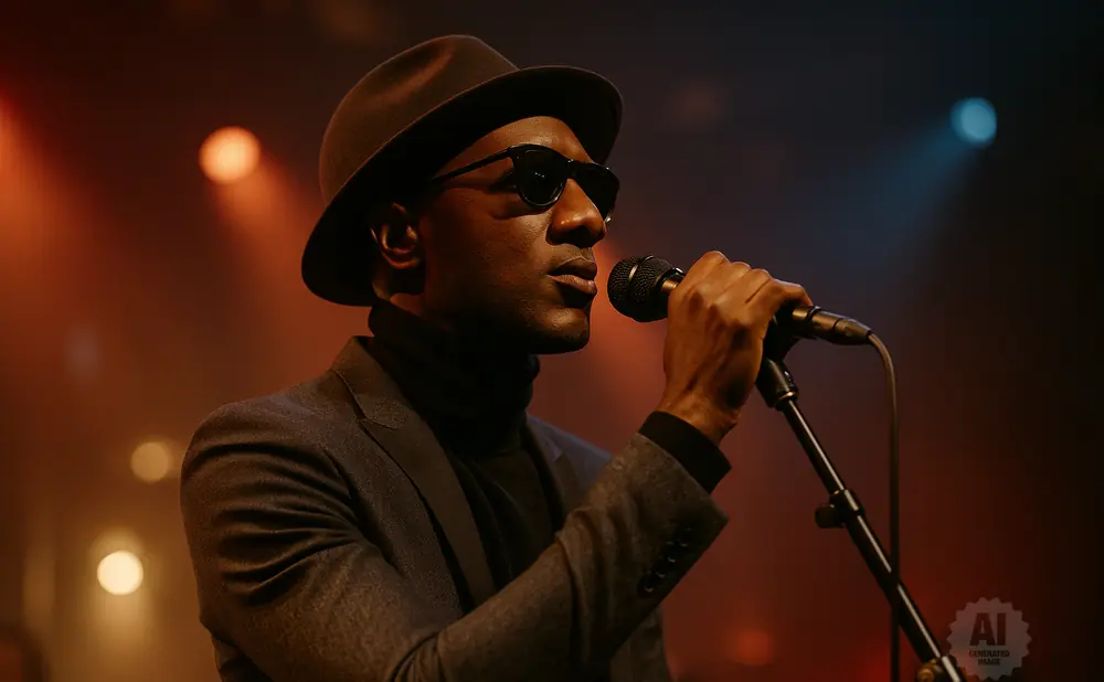 A Black man in a hat and sunglasses sings into a microphone on a dimly lit stage.