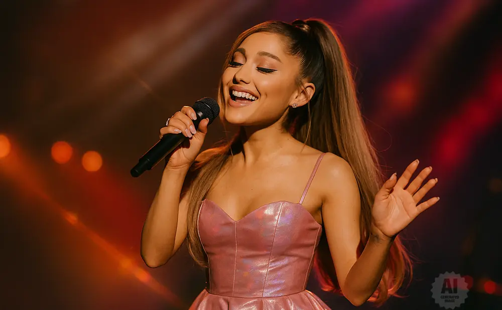 Ariana Grande sings into a microphone on stage, wearing a pink dress.