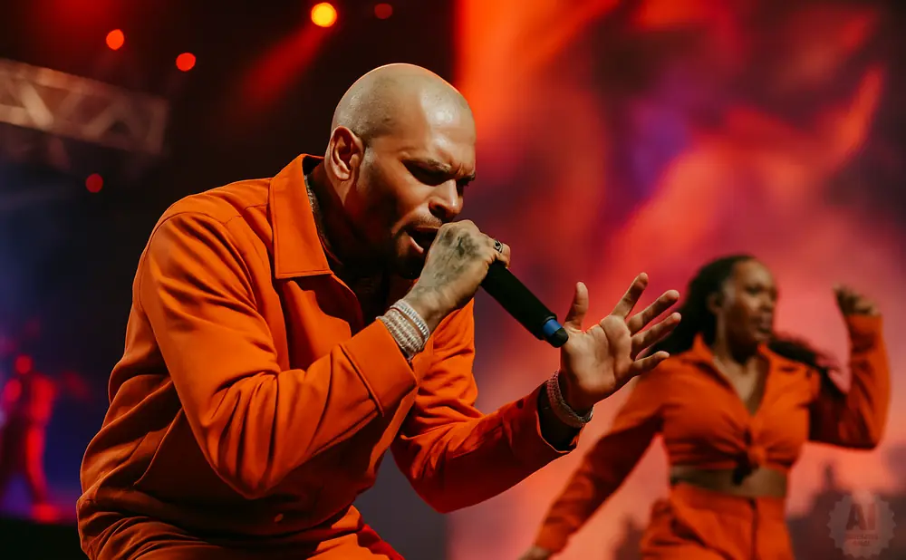 A bald Black man in an orange shirt sings into a microphone on stage, with a woman in orange behind him.