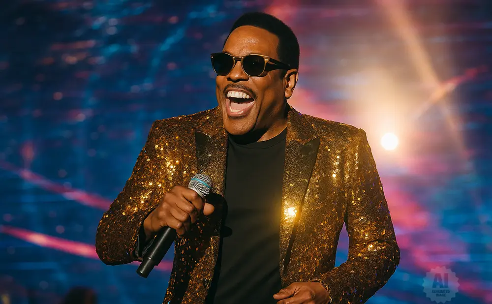 A man in a gold sequined jacket and sunglasses sings into a microphone on a colorful stage.