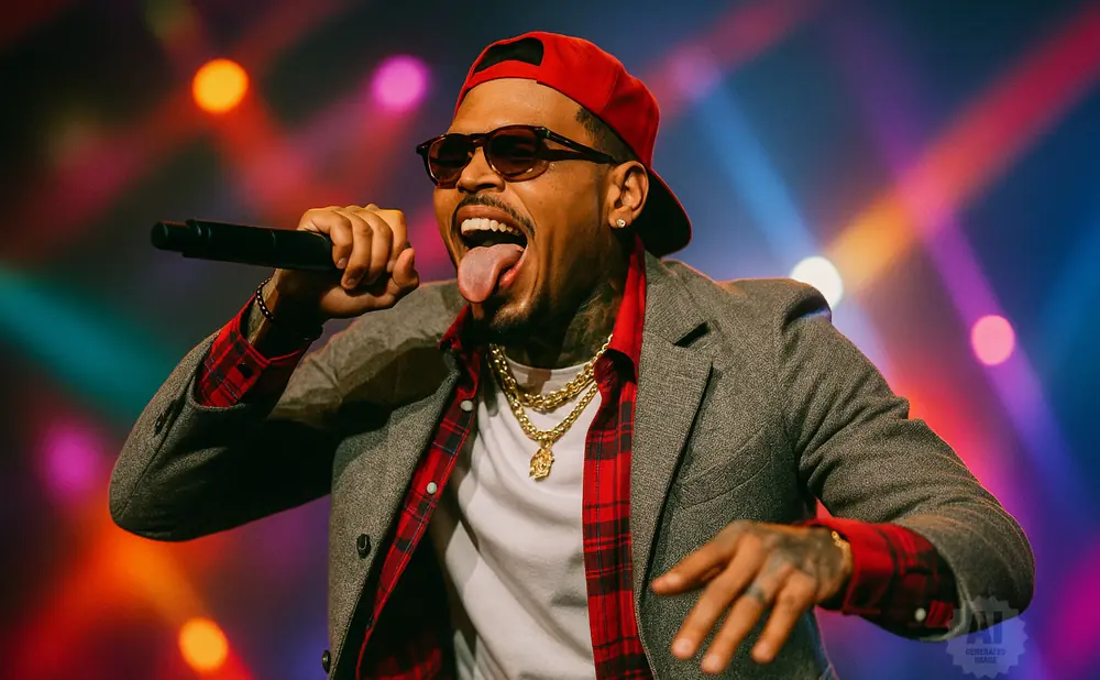 A male singer in a red hat, sunglasses, and gray blazer performs onstage, sticking his tongue out.