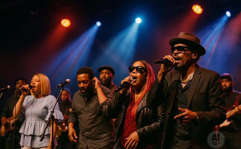 A group of singers perform on stage with microphones and spotlights.
