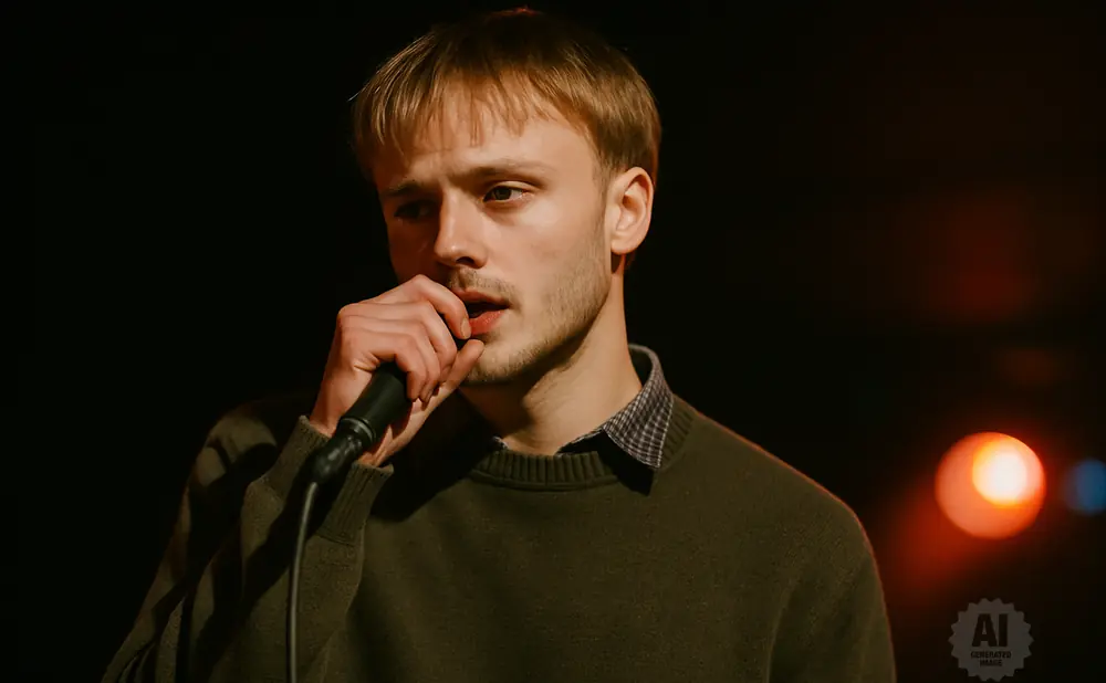 A young man with blonde hair holds a microphone to his mouth, wearing a dark green sweater over a collared shirt.