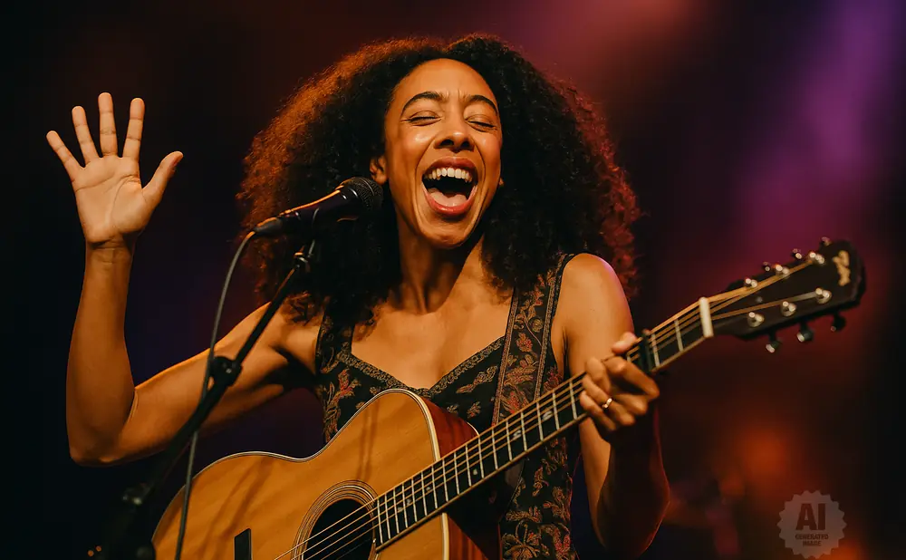 A woman with dark, curly hair sings into a microphone while playing an acoustic guitar and holding her left hand up.