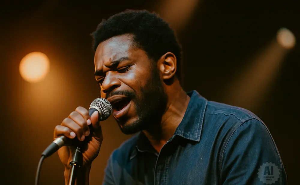 A Black man with a beard sings into a microphone on a dimly lit stage.