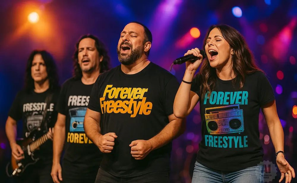 Four performers on stage, two singing into microphones, wearing t-shirts with 