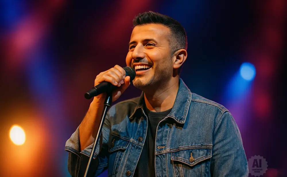 Man singing into a microphone on stage, wearing a denim jacket and smiling.