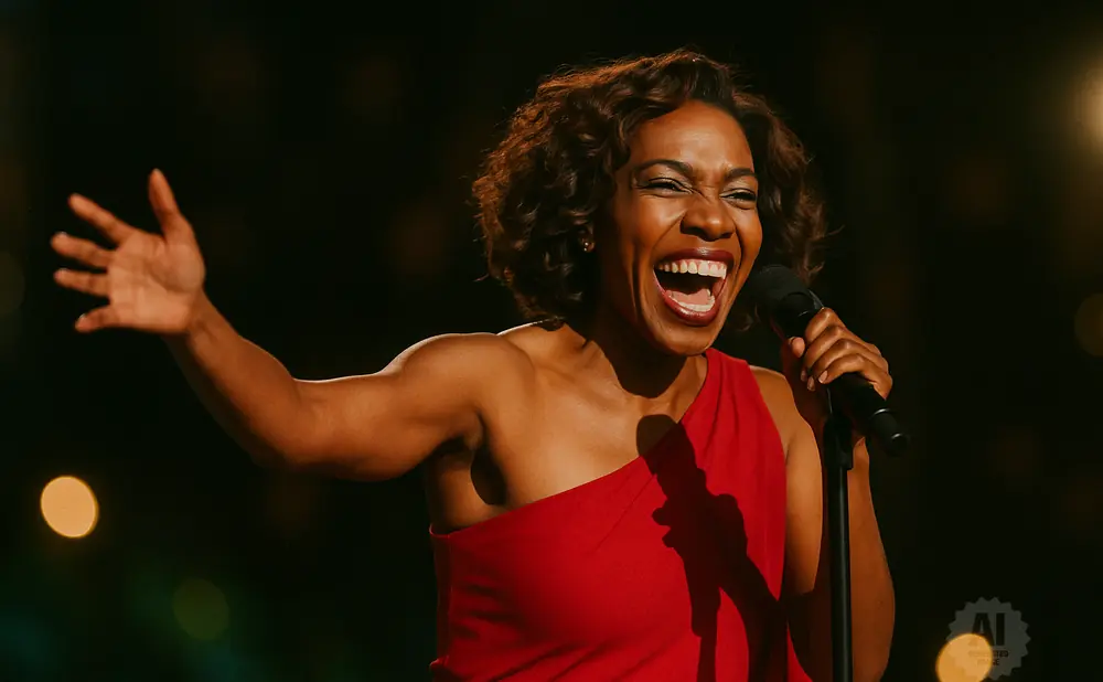 A Black woman in a red dress sings into a microphone on stage, her arm raised.