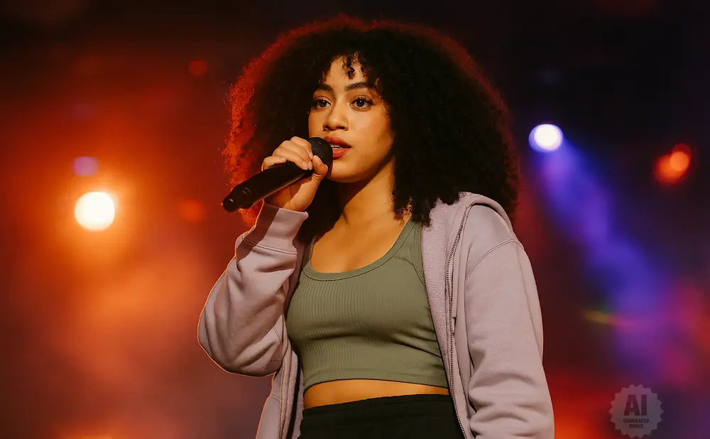 A woman with a large afro sings into a microphone on a stage with orange and purple lights.
