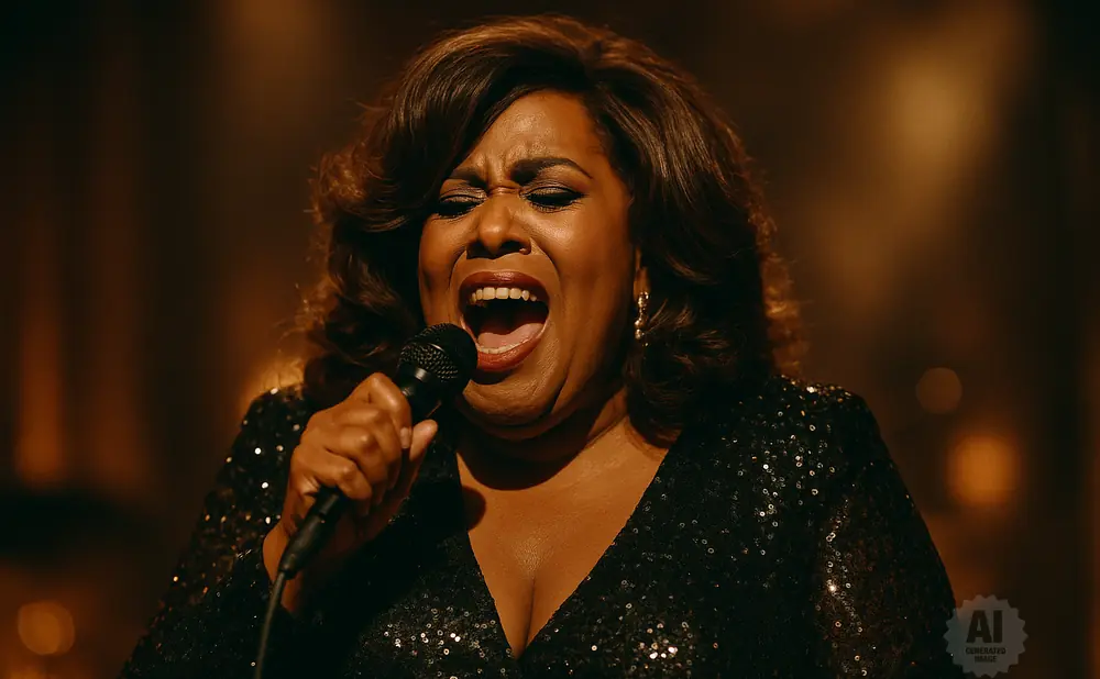 Singer with mouth open, holding a microphone and wearing a sparkling black dress.