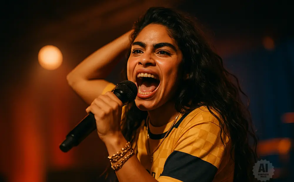 A woman with dark curly hair sings into a microphone, her mouth wide open in song.