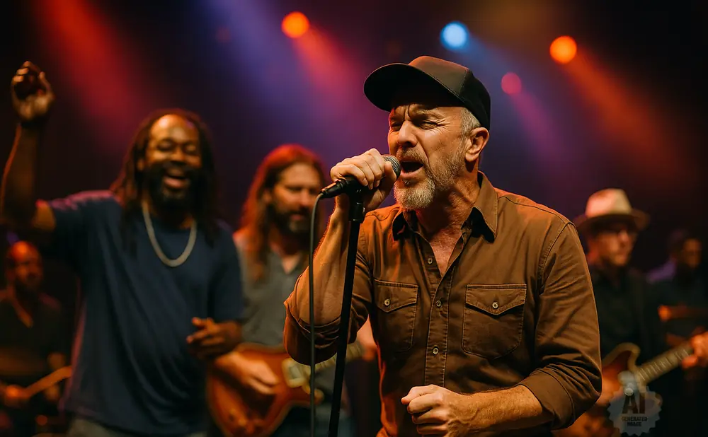 A band performs on stage with red and blue lights. The lead singer, wearing a baseball cap and brown shirt, sings into a microphone.