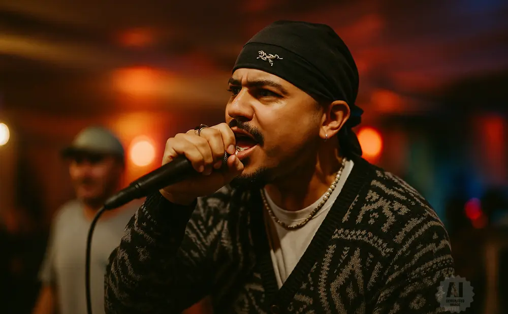 A man wearing a black bandana and patterned sweater raps into a microphone.