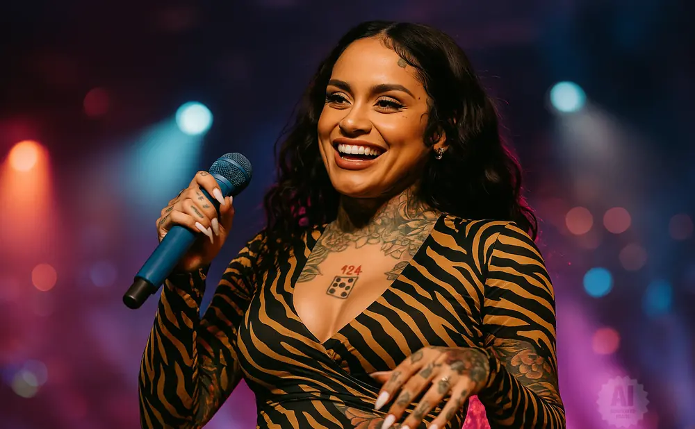 A smiling Black woman with tattoos holds a blue microphone while performing on a stage with colorful lighting.