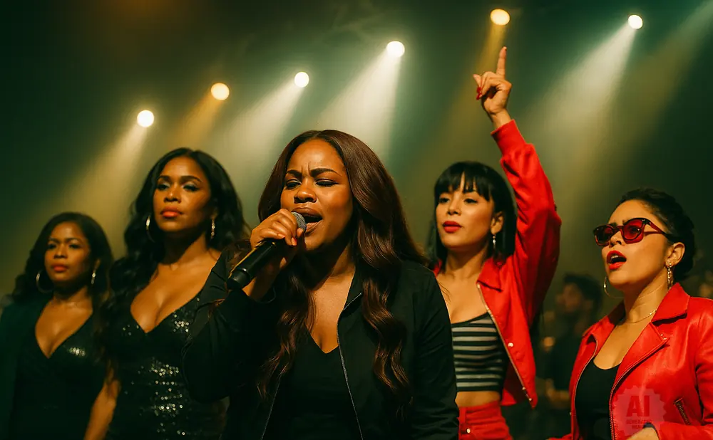 Singer and backup singers performing on stage with spotlights.
